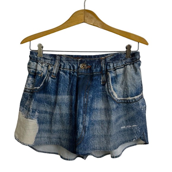 Boa Pants - BOA Running Shorts XL Blue White Faux Denim Printed Athletic Active Track Slit